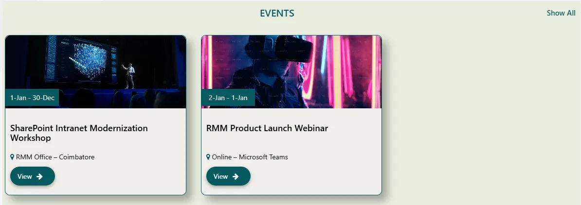 SharePoint intranet events component displaying upcoming workshops and webinars