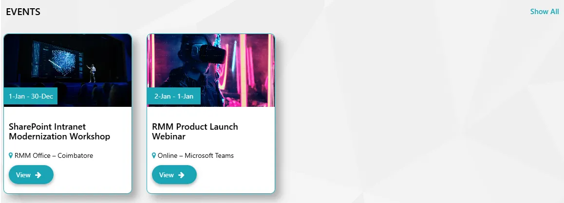 Enterprise SharePoint Events UI – Corporate Announcements & Sessions