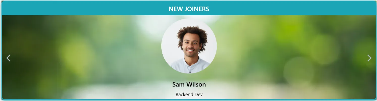 SharePoint New Joiners Carousel Web Part displaying welcoming profiles of recently hired team members